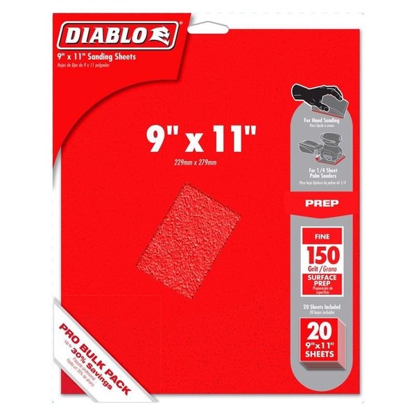 Diablo 9 in. L X 11 in. W 150 Grit Aluminum Oxide Sanding Sheet 20 pk DCS911150S20G